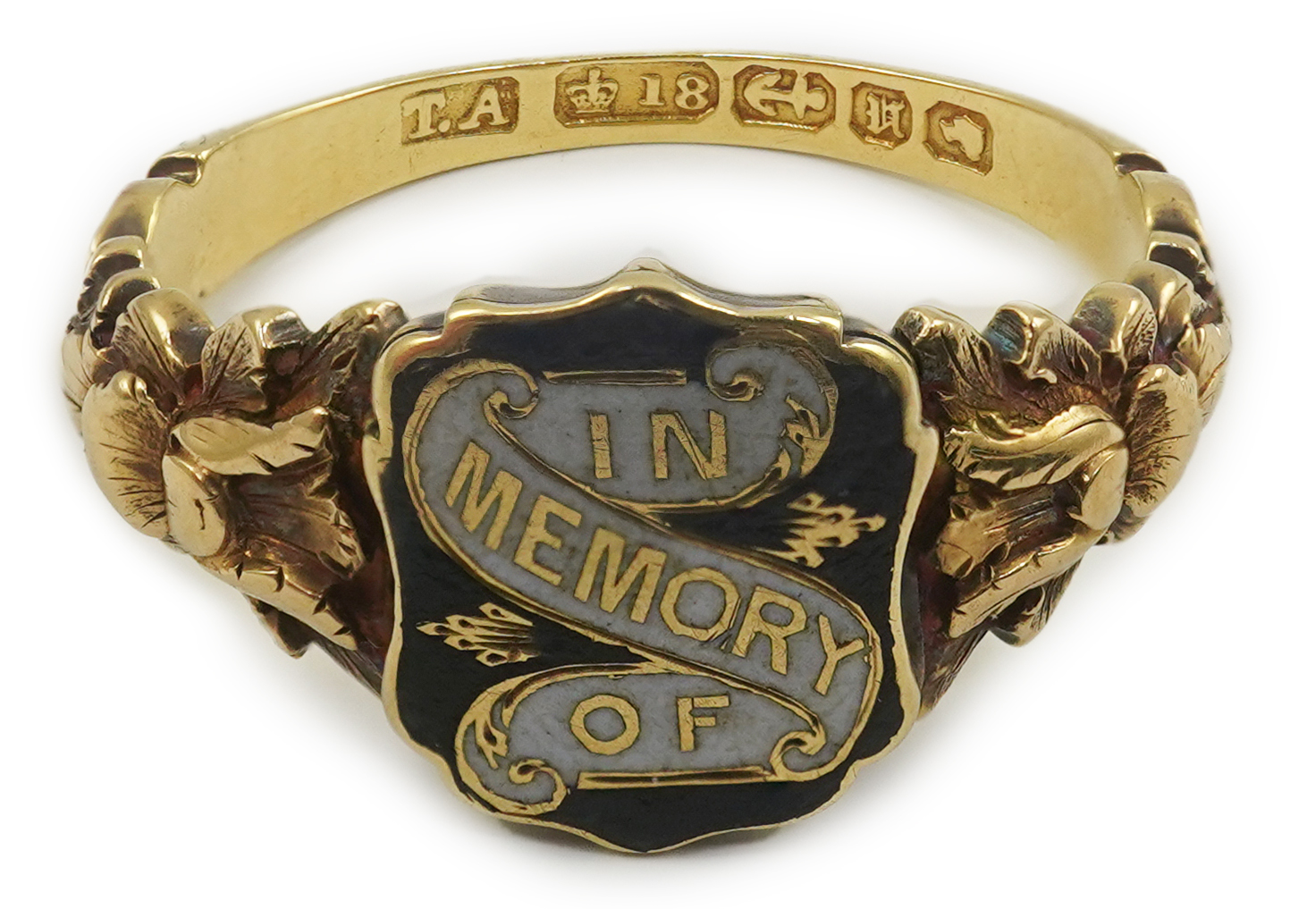 An early Victorian 18ct gold and two colour enamel 'In Memory Of' mourning ring